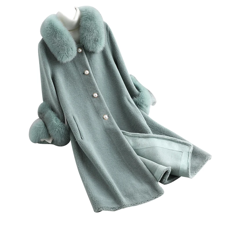 

Brand Famous Sheep Shearing Coat Ladies Winter Single-breasted Mid-Length Warm Overcoat Natural Fox Fur Collar Wool Outerwear