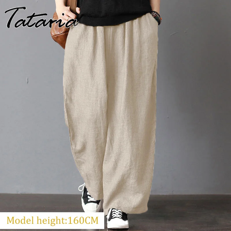 

Women's Cotton Gray Pants Elastic Waisted Plus Size Pants Khaki Casual Loose Ankle-length Trousers Female Elegant Streetwear 5XL