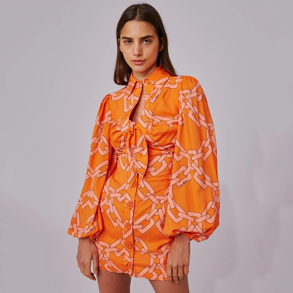 Ailigou оранжевый принт платье воротник с лацканами рукав фонарик кружевной бант