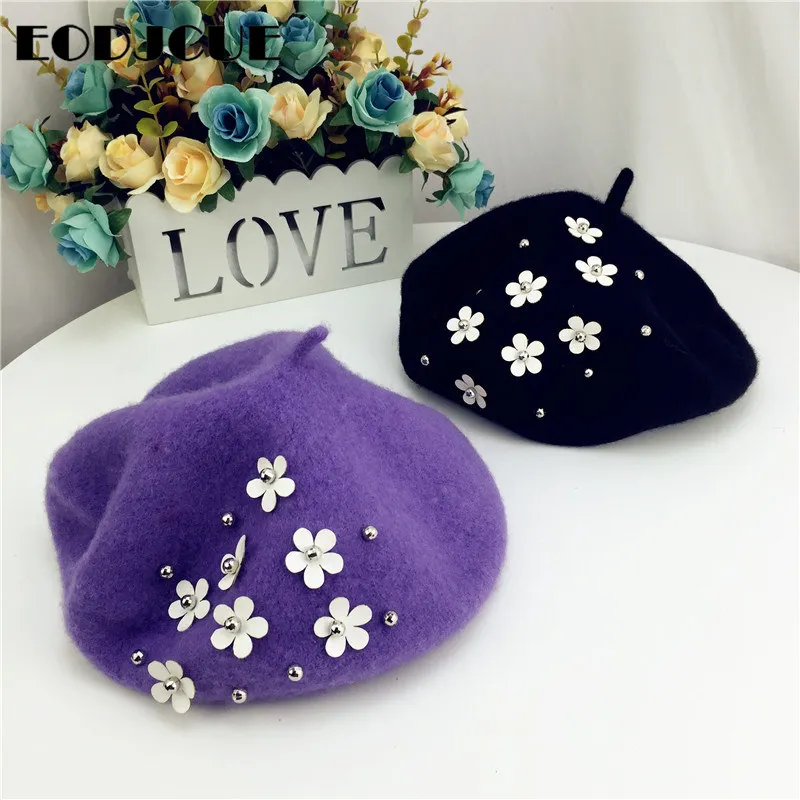 

Зимняя шерстяная шапка для девочек, восьмиугольная кепка газетчика, берет с цветком для девочек, кепка художника, Кепка
