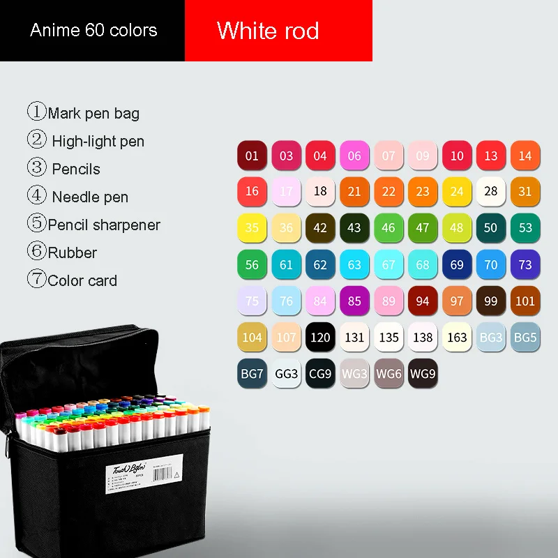 Markers brush Pen Set authentic student double-headed beginner 30/40/60/80 colors oil alcohol painting marker art supplies - Цвет: Anime 60 White rod