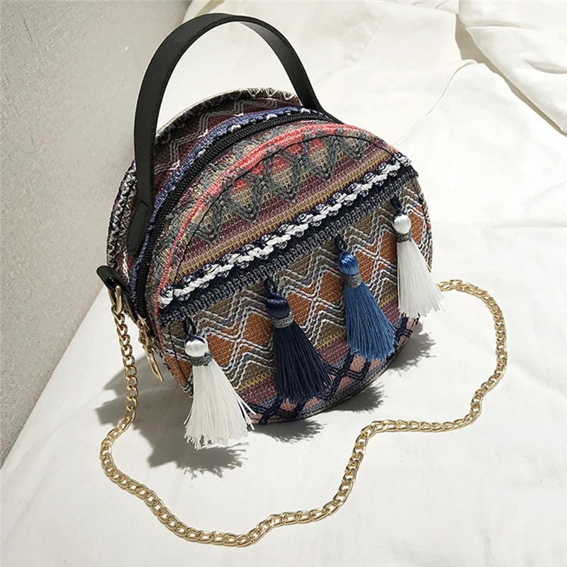 

Women Messenger Bag PU Leather Bohemian Circular Tassel Geometric Plaid Handbag Cell Phone Pocket Female Messenger Bag
