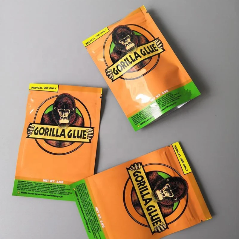 

100pcs GORILLA GLUE California 3.5g Stand Up Plastic Pouch Smell Proof Ziplock Mylar Packaging Bags( Only Packaging No Food)