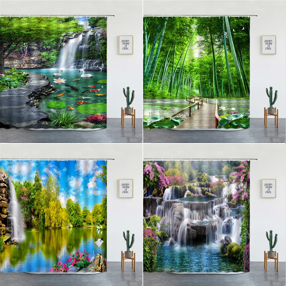 

Занавески для душа с изображением водопада, водонепроницаемые тканевые шторы для ванны с изображением пейзажа, цветка, птицы, декорировани...