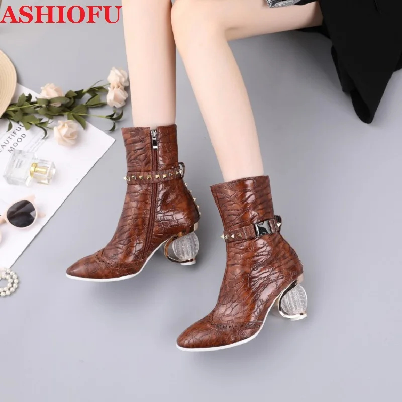 ASHIOFU Spikes Handmade 6cm Mid-Heel Boots European&American Style 2020 New Fashion Matches Crystal Heel Ankle Boots Short Shoes