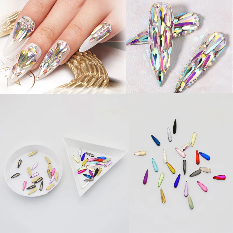 

50pcs Flatback Water Drop Rhinestones Nail Art Rhinestones AB Crystals Glass Stones 3D Nail Jewelry Accessories Non Hot fix Gems