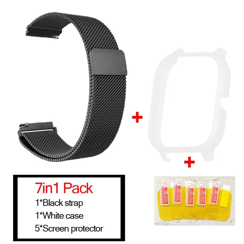 black-white 7в1 умные часы аксессуары для Huami Amazfit GTS ремешок из нержавеющей стали магнитный браслет для Amazfit gts чехол Защитная пленка - Цвет: black-white