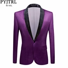 PYJTRL для мужчин Классический осень зима шаль нагрудные Фиолетовый Блестящий бархатный пиджак Свадебный Жених сценические певцы Пром Slim Fit Пиджаки