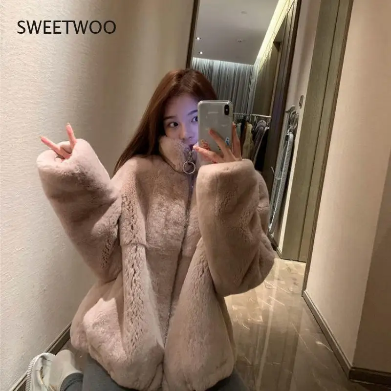 Faux resembling Rex rabbit fur autumn and winter jacket women Korean version ins loose stand collar fashion furry coat lazy warm