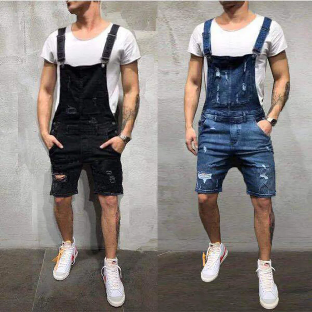 

2021 Fashion Men's Ripped Jeans Jumpsuits Shorts Summer Hi Street Distressed Denim Bib Overalls For Man Suspender Pants