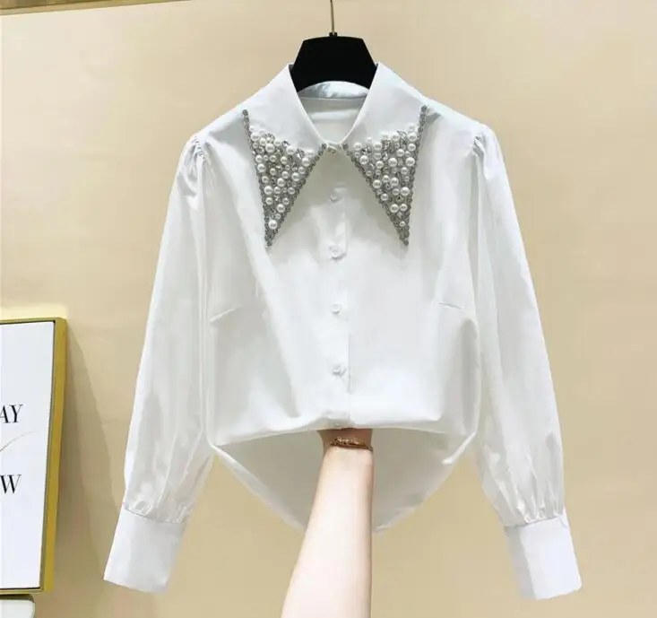 

Beads Diamond Doll Collar White Shirt for Women 2021 Spring Autumn New Loose Lady Chic Top Female All-match Blouse Blusa