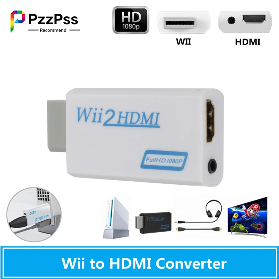 PzzPss Full HD 1080P Wii to HDMI Converter Adapter Wii2HDMI-compatible Converter 3.5mm Audio for PC HDTV Monitor Display