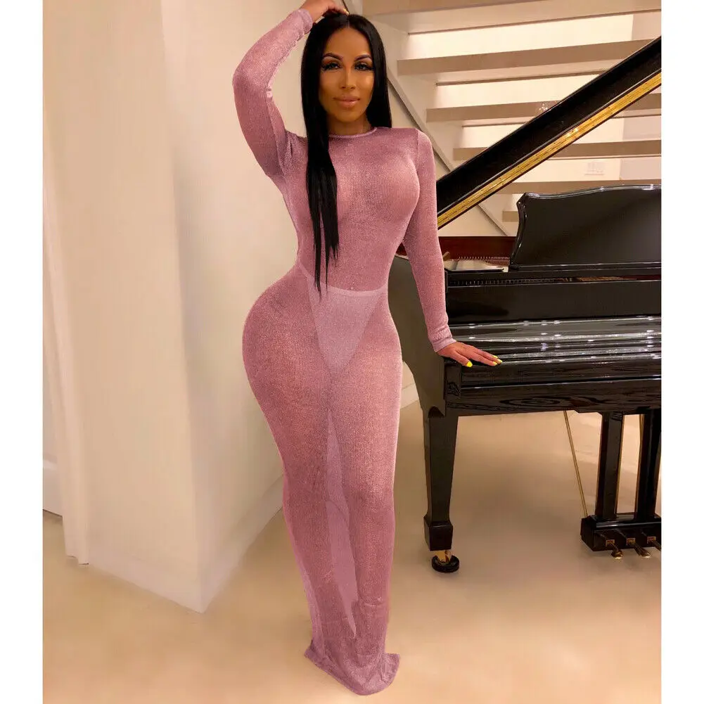 

Women Sexy Fish Net Slim Long Dress Beach Cover-Ups Mesh Sheer See Through Maxi Dress Slim Bodycon Cover-Up Beachwear