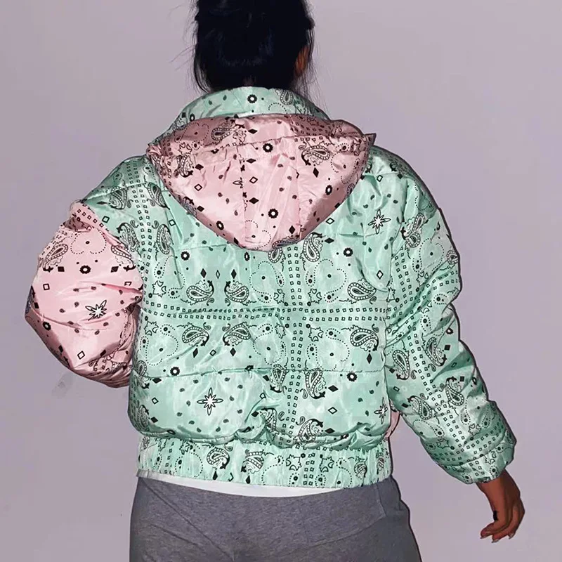 2021 Autumn Winter New Printed Color Matching Hooded Jacket Long-sleeved Zipper Padded Women Harajuku Clothes Thick Parkas