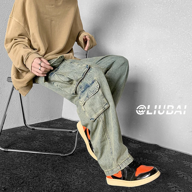 Baggy Wide-leg Jeans Men Fashion Multi-pocket Cargo Jeans Men Streetwear Loose Hip-hop Jeans Mens Straight Denim Pants Men M-2XL