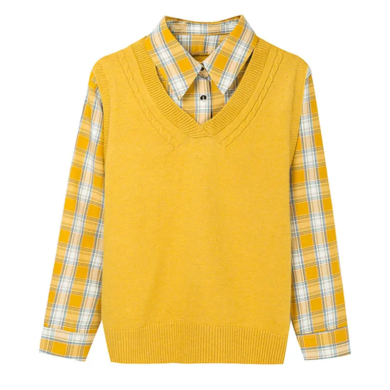 

YISU Women Spring Sweater Fake two-piece College style polo collar Long sleeve Jumper Female Casual lattice Knitted Pullover