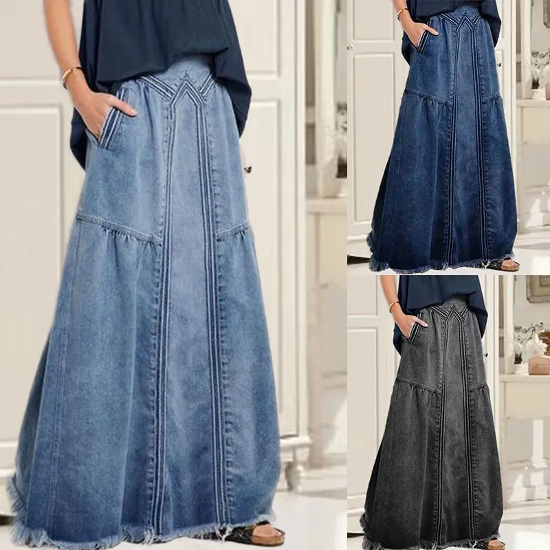 

Fashion Women's Jeans Skirt Long Elastic Waist Black Blue Denim Skirts Casual Stitching Loose Floor-Length A-Line new
