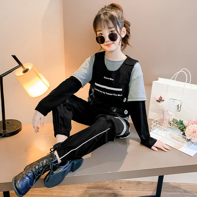 

Kid Hip Hop Clothing Reflective Vest T Shirt Long Sleeve Top Cargo Pants for Girls Boys Jazz Dance Costume Clothes Street Wear