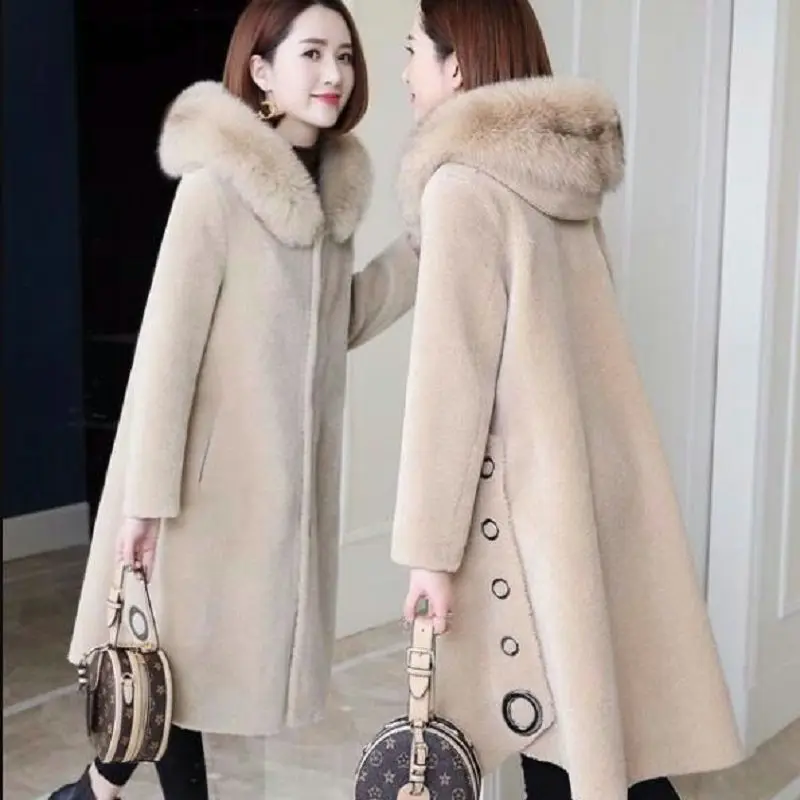 Women 2022 Autumn Winter Real Fur Coat Female Natural Fox Collar Hooded Shearling Jacket Ladies Warm Wool Outwear Mujer X75