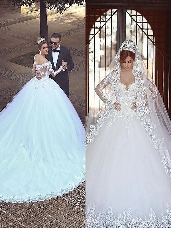 

Ball Gown Off-the-Shoulder Tulle Long Sleeves Court Train Wedding Dresses Custom Made Bridal Gown 2021