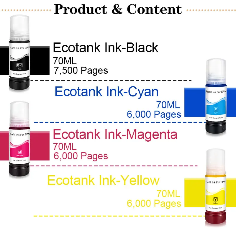 Buy HG Quality Refill Ink For 002 101 102 105 502 504 EcoTank Epson L4150 L4160 L6160 L6170 L6190 ET2750 ET3700 ET4750 on