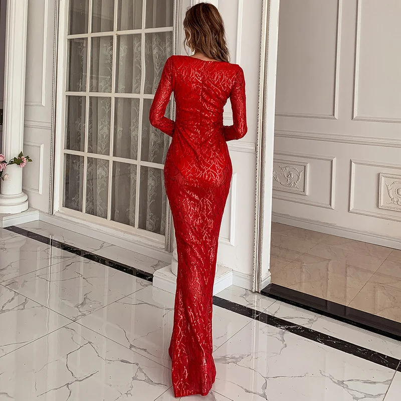 

2021 Sexy Long Sleeve V Neck Red Chrismas Dress Sequins Party Dresses Women Evening Elegant Hollow Out Bodycon Long Maxi Dress