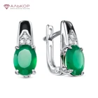 Серьги 2021 тренд из родированного серебра 925 с зелеными агатами, эмалью и фианитовой обсыпкой