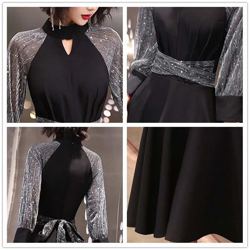 

Black A-Line Banquet Dresses CR318 High Collar Elegant Prom Gown Full Sleeve Vestidos De Fiesta Shining Sequin Formal Dress