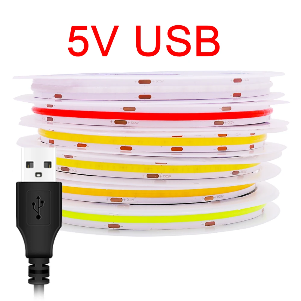 

DC5V USB LED COB Strip 5V High Density 320LED/m Flexible Tape Light Bar Linear Lighting Warm/Natural/Cold White Red Blue Green