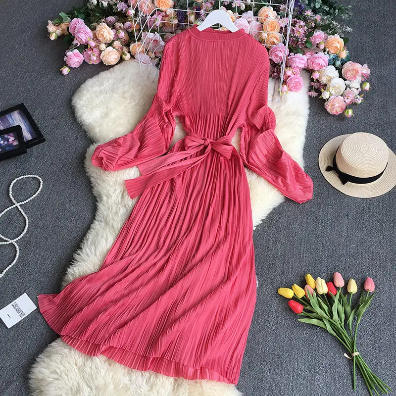 

2021 Solid Color Elegant Women Dress Maxi Party Fashion Autumn Stand Collar Long Sleeve Design Lace Up Dress Pleated Robes M1044