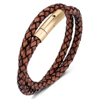 brown double braided genuine leather wrap bracelet for men women jewelry vintage wristband stainless steel charm bangles p610