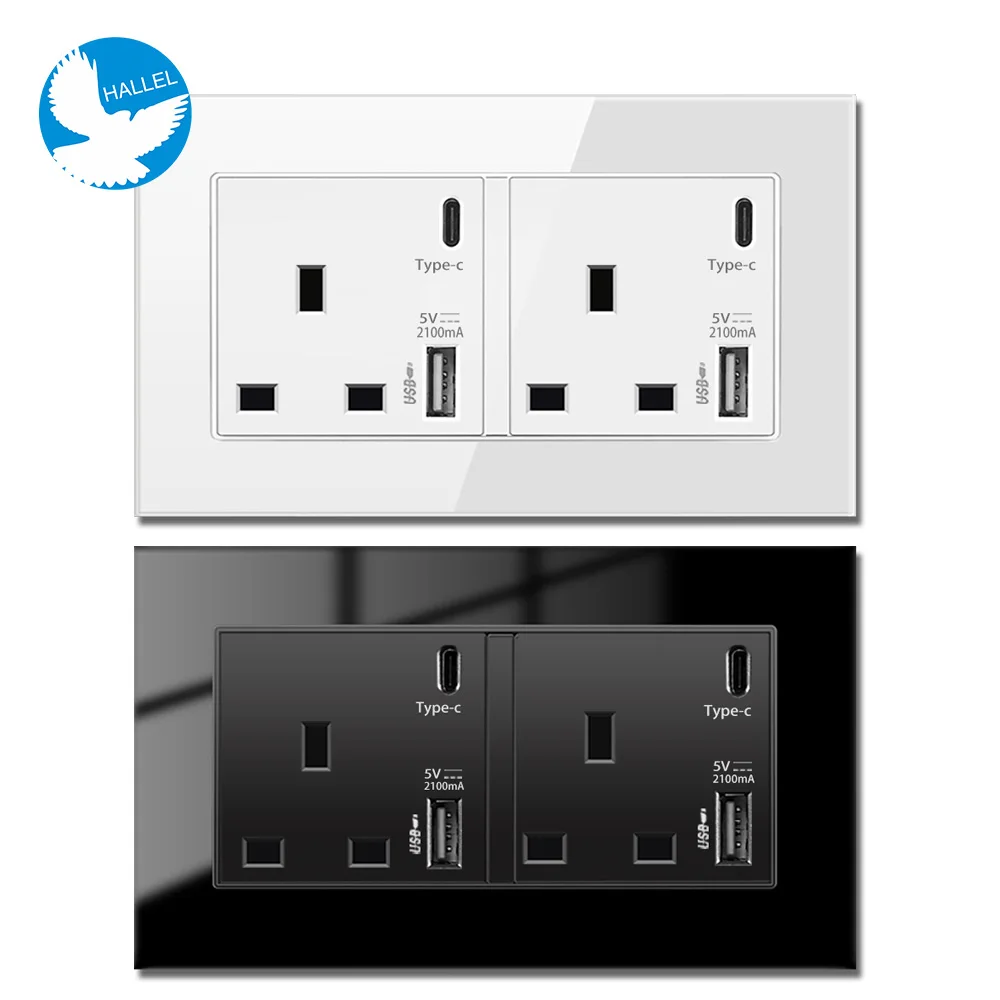UK Plug Electrical Wall Socket Dual Frame White Black USB Type C Fast Charger, DIY EU Pop Socket USB-C Outlet for Android Phone