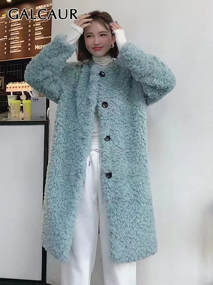 

GALCAUR Casual Temperament Jacket For Women Round Neck Long Sleeve Patchwork Loose Fashion Women's Winter Coat 2021 Clothing