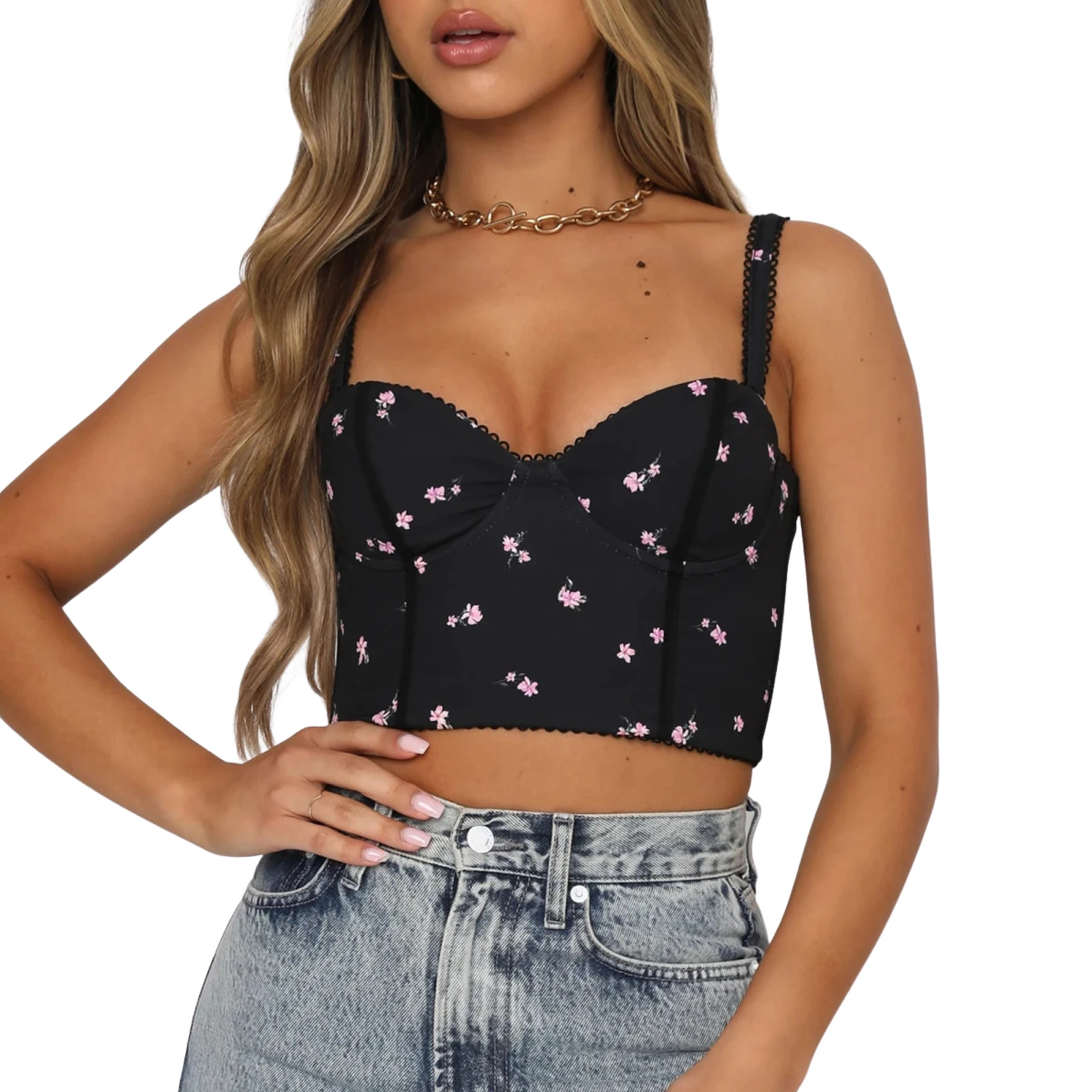

Women's Sexy Bustier Tops Sleeveless Backless Floral Zip Back Crop Tank Tops Summer Chic Straps Low Cut Corset Tops Streetwear