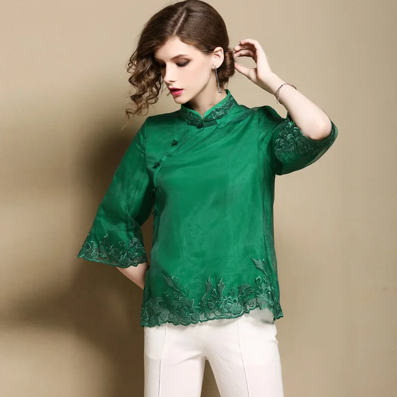 Лето 2021 традиционная зеленая Китайская одежда Рубашки Топы для женщин |