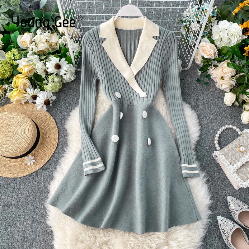 Женское трикотажное платье Young Gee осенне зимнее плотное свитер с длинным рукавом