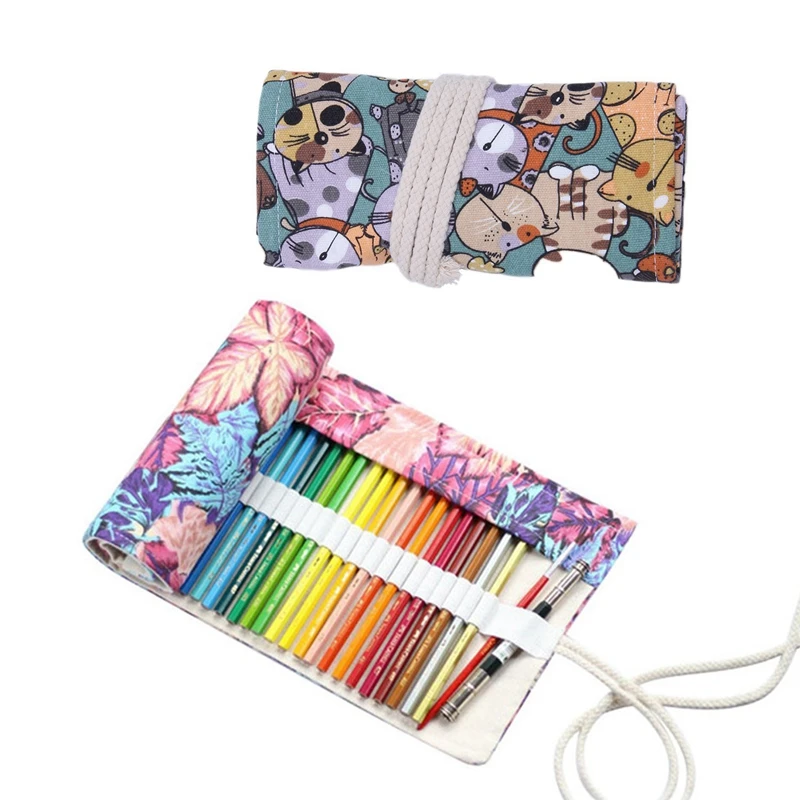

2 Pcs Canvas Pencil Wrap,Travel Drawing Cute Cat Pencil Roll Organizer For Colored Pencils-48 X 21Cm & 50 X 21Cm