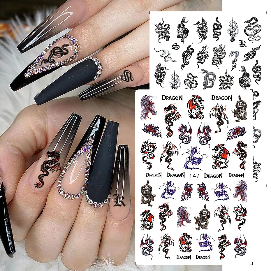 Dragon Nail Stickers Decals Black Snake Tattoo Transfer Foil 3D Adhesive Wraps Manicure Sliders Nail Art Decorations TREB145-152