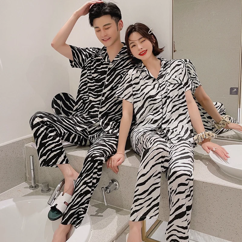 

Couples Short Sleeve Long Pants Silk Satin Pajama Sets for Women Summer Cute Cartoon Zebra Sleepwear Pyjama Men Homewear Clothes