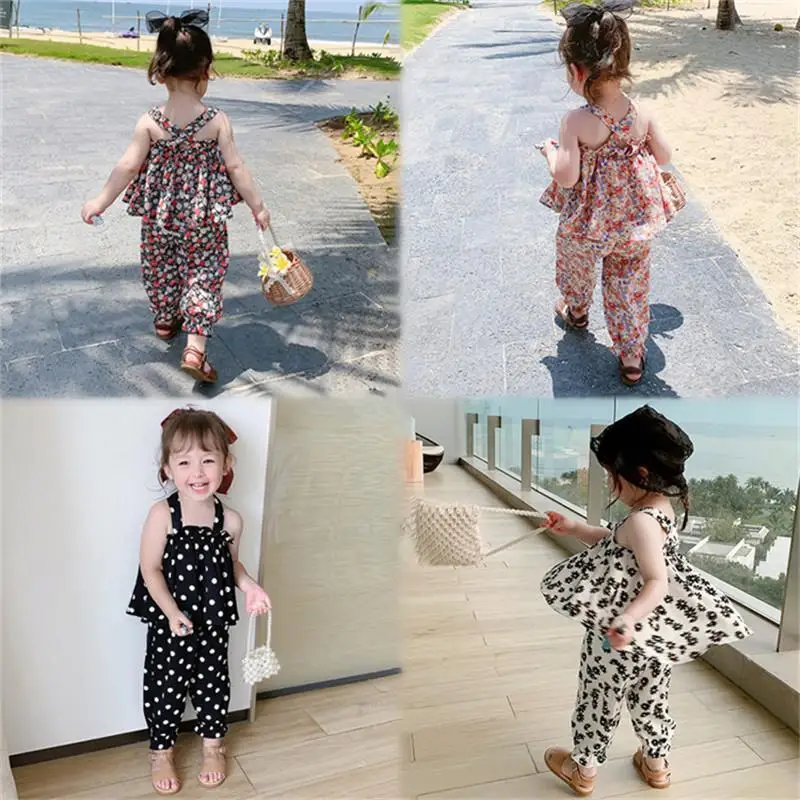 

2021 summer new girls chiffon vest cropped trousers suit baby floral sling top pants two-piece trend P4350