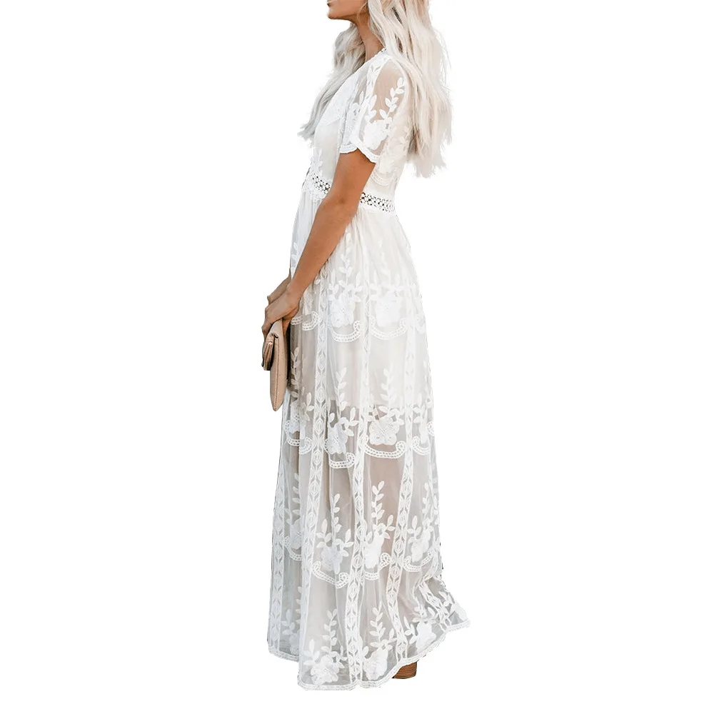 

Women Summer White Lace Dress Short Sleeve V neck Crochet Embroidery Dresses Elegant Fashion Patchwork Party Long Dress