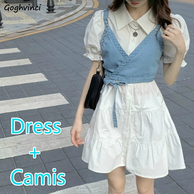 ผู้หญิงชุดคอพัฟแขนสั้น Mini Dress Denim Camis ฤดูร้อนผู้หญิงเซ็กซี่2ชิ้นชุดทุกวัน streetwear หวาน Retro