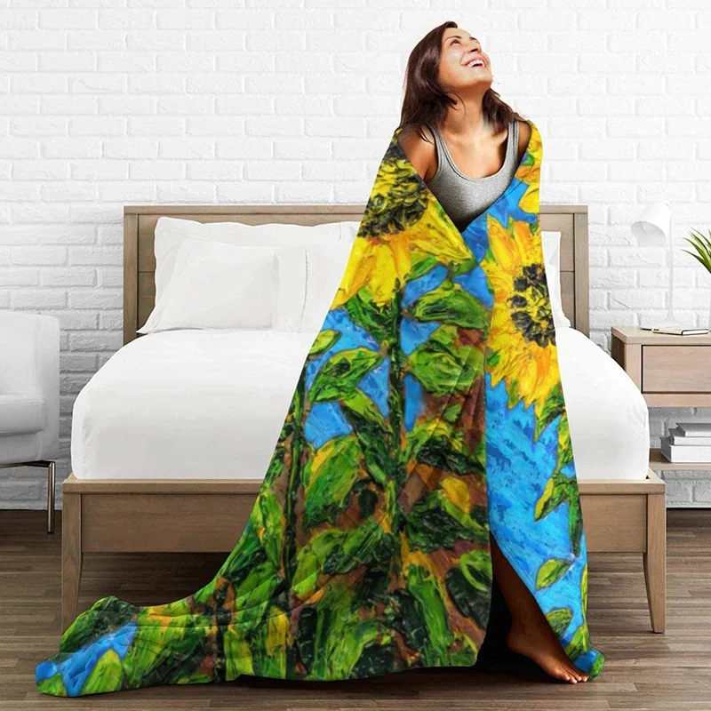 

Oil Painting Sunflower Premium Throw Blanket Print On Demand Sherpa Super Comfortable For Sofa Thin Quilt Air Conditioning