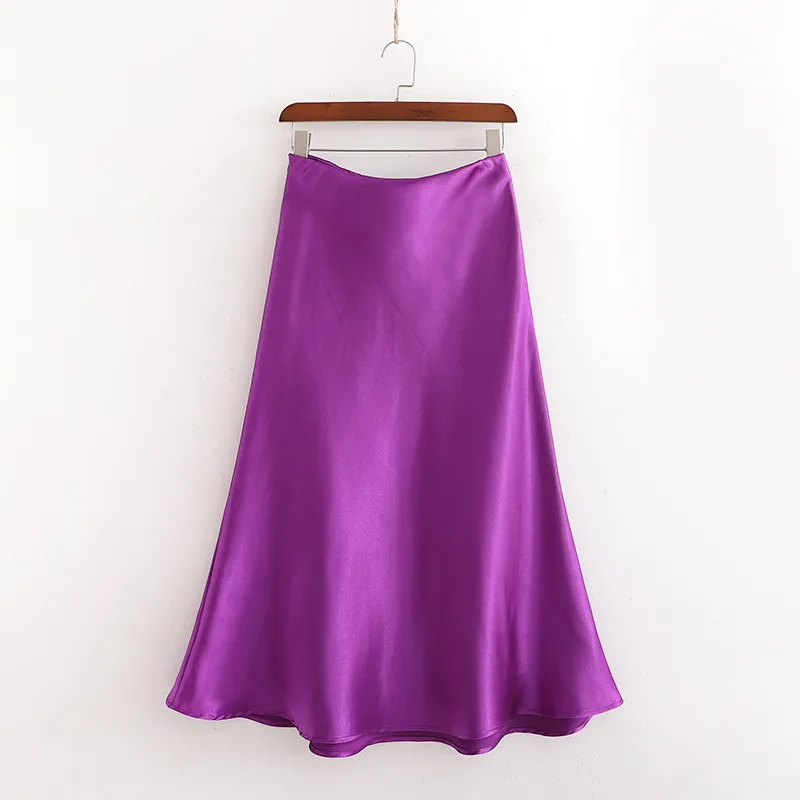 

2022 women summer silk satin casual purple soft long skirts female chic high waist mermaid skirt faldas mujer moda