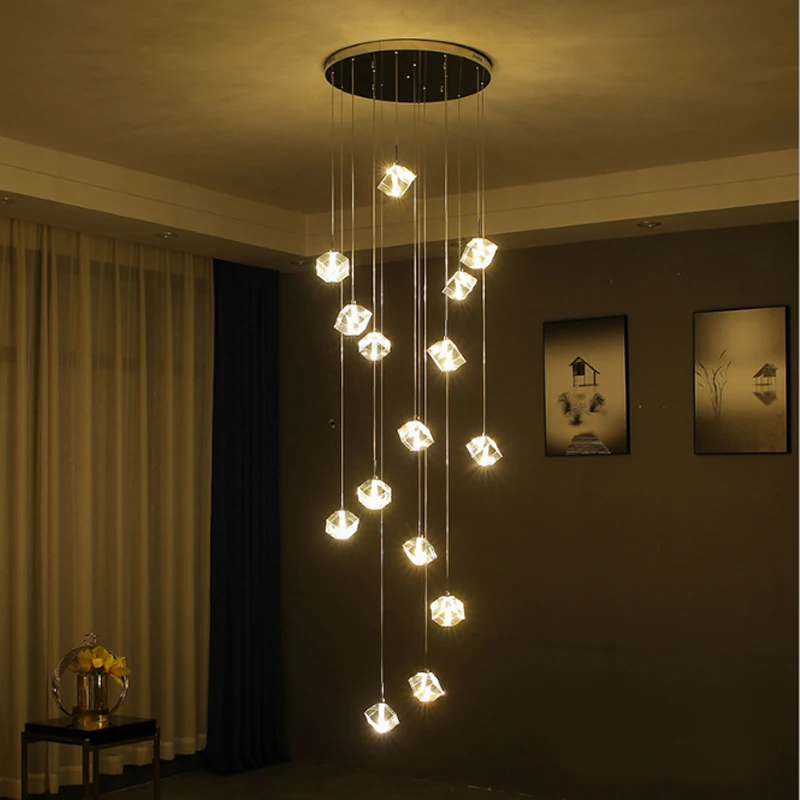 Modern LED Chandelier Ceiling Lighting Restaurant Spiral Stairway Living Room Crystal Hanging Lamps Large Hotel Pendant Square