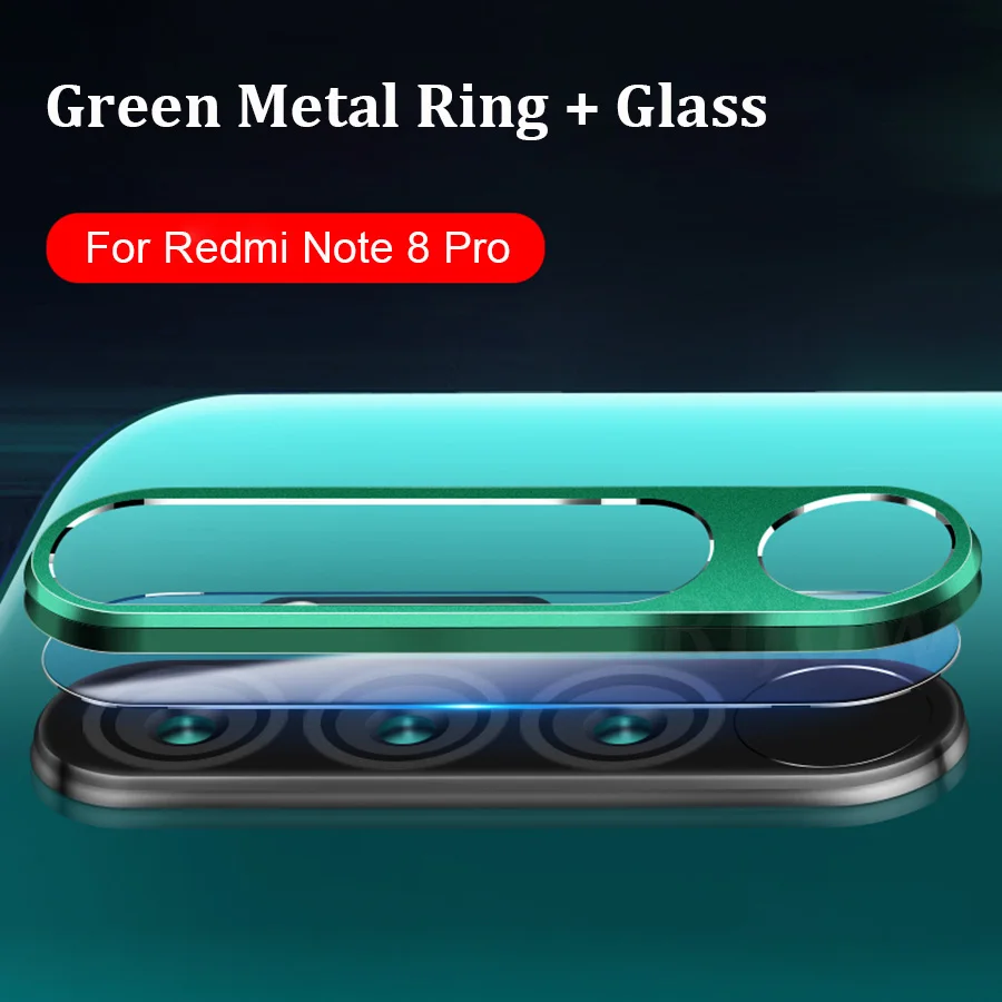 Металлическое кольцо для объектива камеры для Xiaomi Redmi Note 8 Pro, защитное закаленное стекло, защитное кольцо для экрана телефона, Global Note8 Pro Xiomi - Цвет: green ring and glass