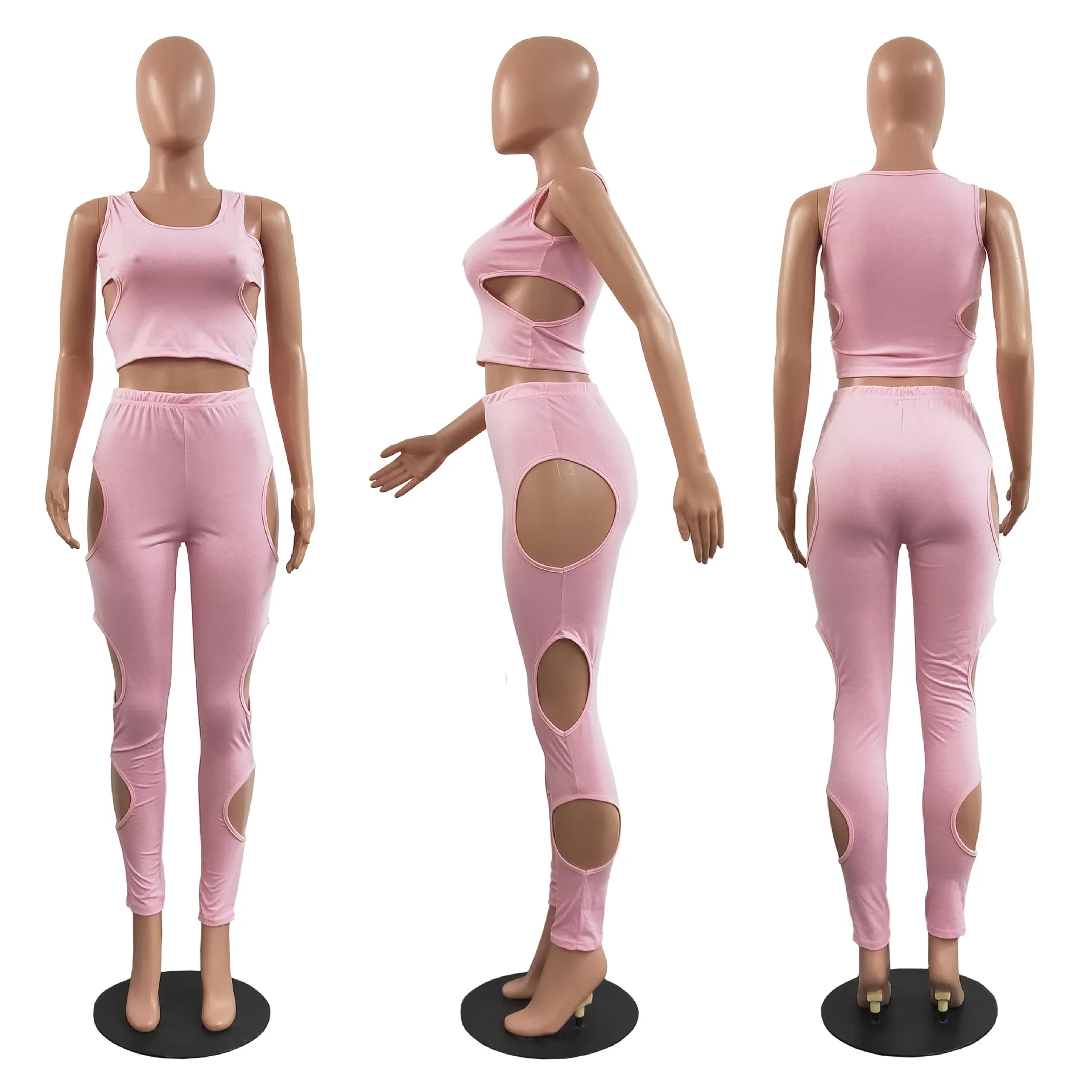 

Summer Sleeveless Crop Top Pants Set Hollow Out Hole Tracksuit Women Two Piece Set Sexy Skinny Sportwear Party Ckubwear