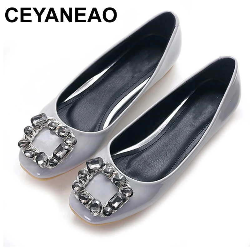 

CEYANEAO Fashion Women's flats Shoes leather Fashion square Toe Crystal diamond Comfortable soft bottom Women casual ShoesE1157