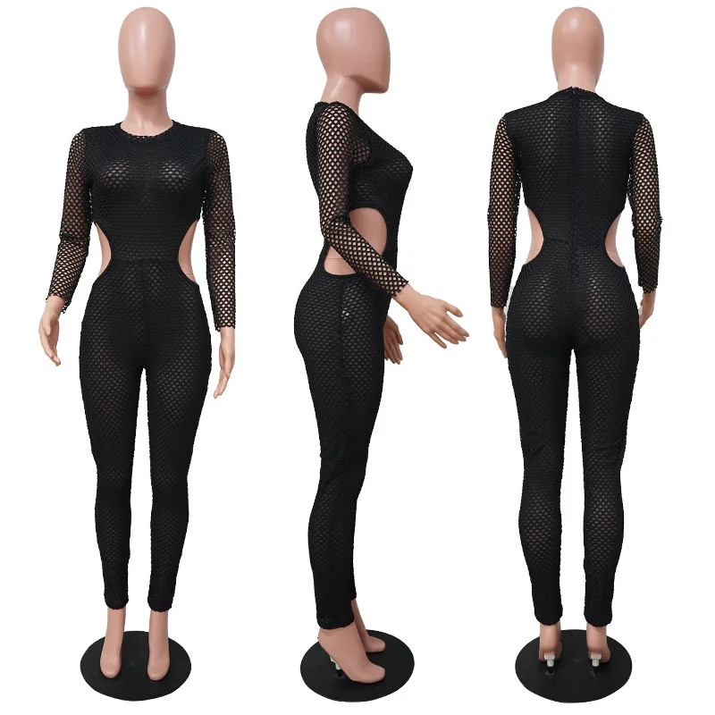 

Women Long Jumpsuits Mesh Fitness Fashion Long Sleeve Vintage Spliced One Piece Bodycon Sports Wear Hollow Out See Through
