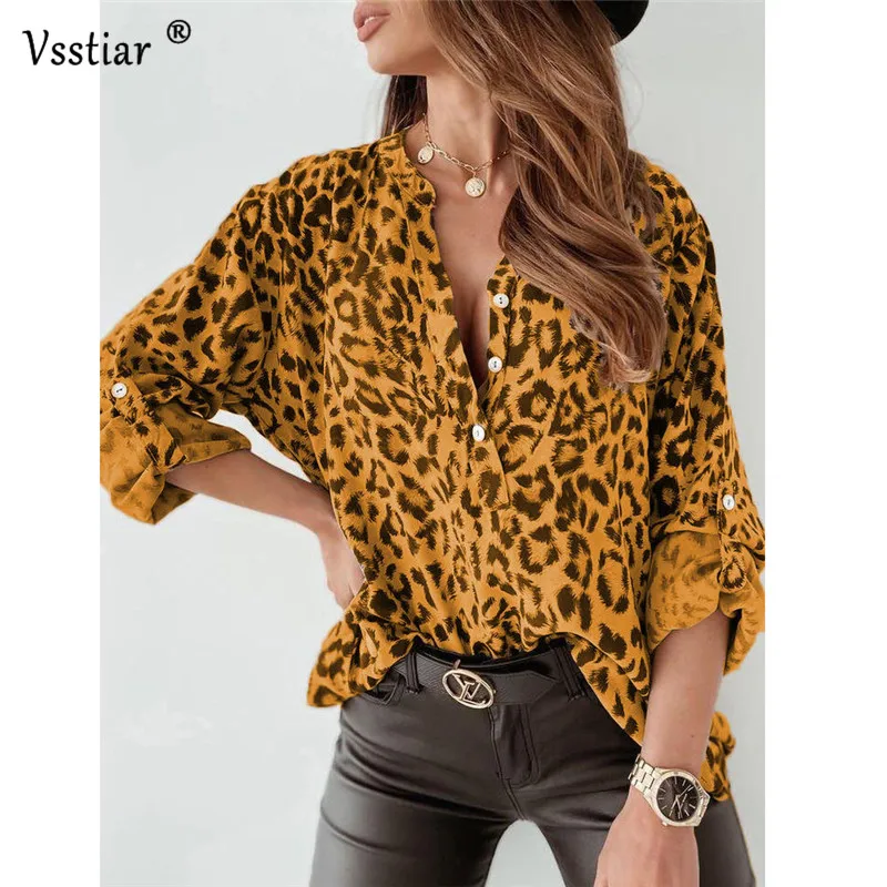 

Vsstiar Print Leopard Blouse Summer Sexy V Neck Sheath Women Tops New Arrivals Long Sleeve Casual Office Work Shirts Plus Size